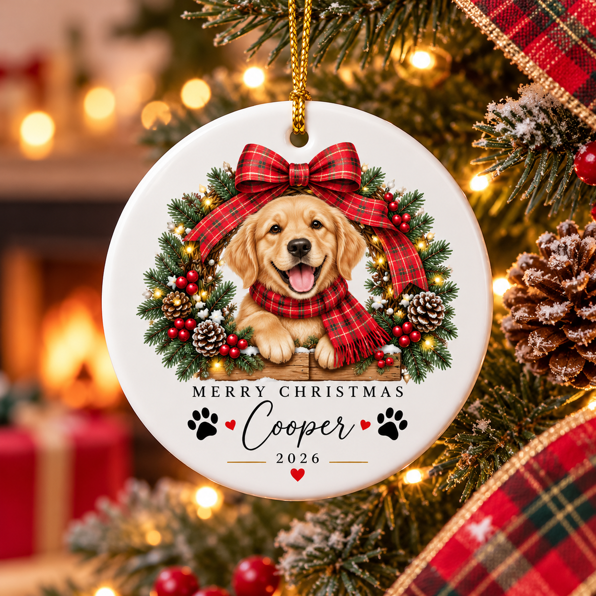 Personalized Dog Christmas Ornament, Golden Retriever Keepsake, Custom Pet Holiday Decoration, Dog Lover Gift, Christmas Tree Ornament