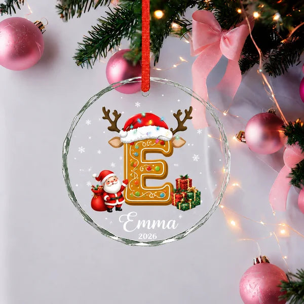 Family Name Sign Including Pet - Init Letter Cookie Style Xmas 2026 - Glass Ornament Set 3-8 Pieces