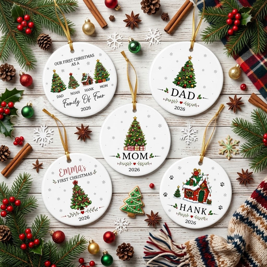 Set Of 3 to 6 Family Members Including Pets - Our First Christmas 2026 Keepsake Gift