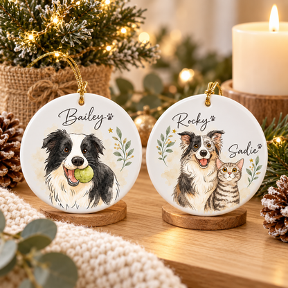 Personalized Dog Photo Christmas Ornament, Pet Watercolor Portrait Keepsake, Cat Lover Gift
