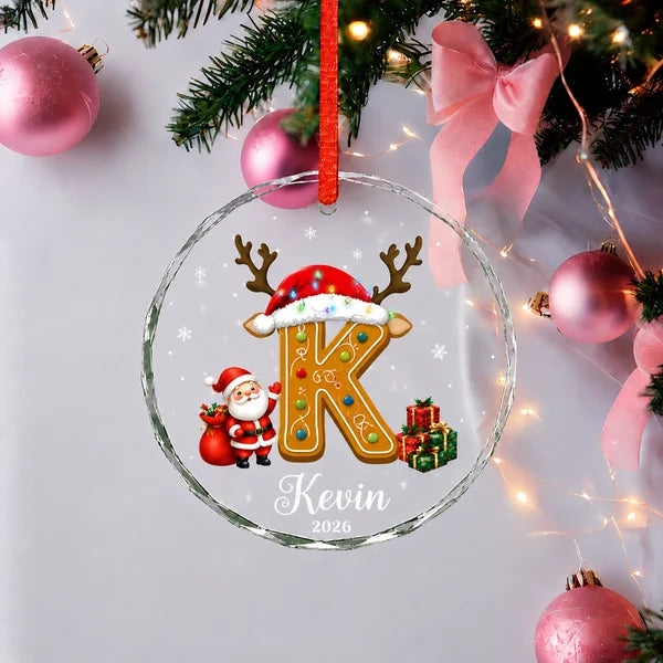 Family Name Sign Including Pet - Init Letter Cookie Style Xmas 2026 - Glass Ornament Set 3-8 Pieces