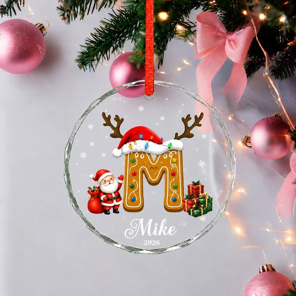 Family Name Sign Including Pet - Init Letter Cookie Style Xmas 2026 - Glass Ornament Set 3-8 Pieces
