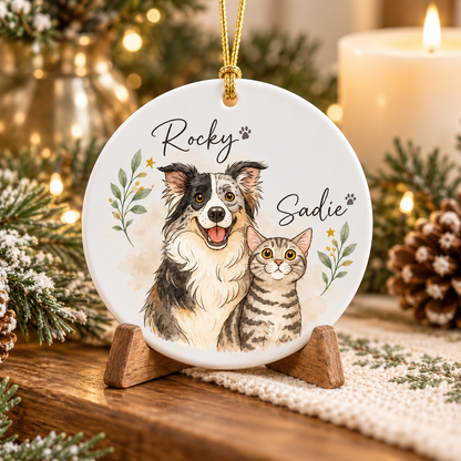 Personalized Dog Photo Christmas Ornament, Pet Watercolor Portrait Keepsake, Cat Lover Gift