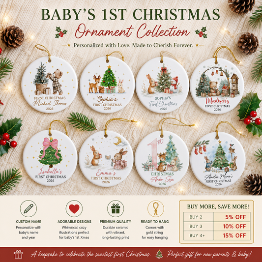 Set Of 1-8 Pcs Baby 1st Christmas Circle Ceramic Ornament Custom Name