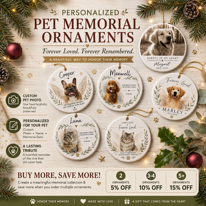 Personalized Pet Memorial Photo Dog Cat Christmas Tree Circle Ceramic Ornament Gift Set 1-8 PCS Multi Style