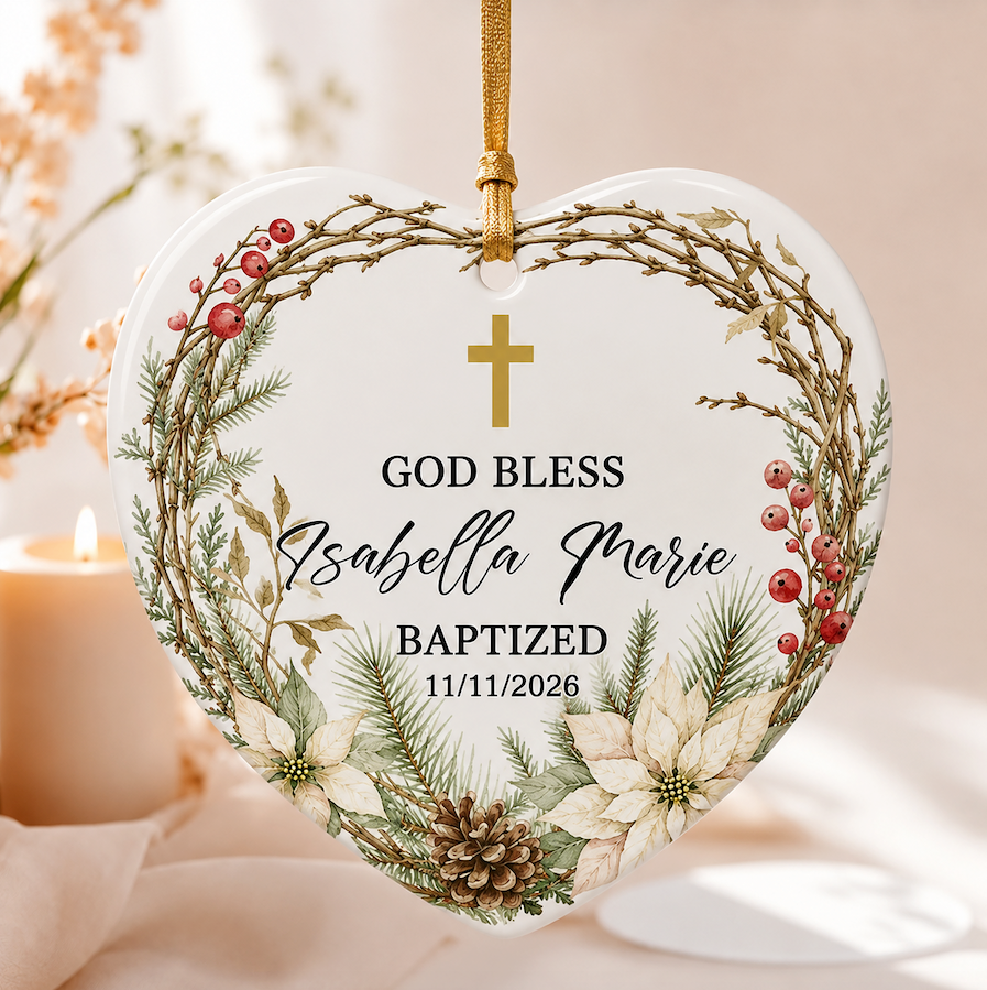 Set Of 1-8 Pcs Christian - Baptized Christmas Ceramic Circle/ Heart Ornament Custom Name - Date