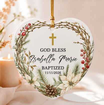 Set Of 1-8 Pcs Christian - Baptized Christmas Ceramic Circle/ Heart Ornament Custom Name - Date