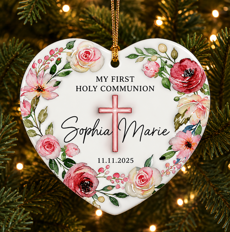 Set Of 1-8 Pcs Christian - Baptized Christmas Ceramic Circle/ Heart Ornament Custom Name - Date