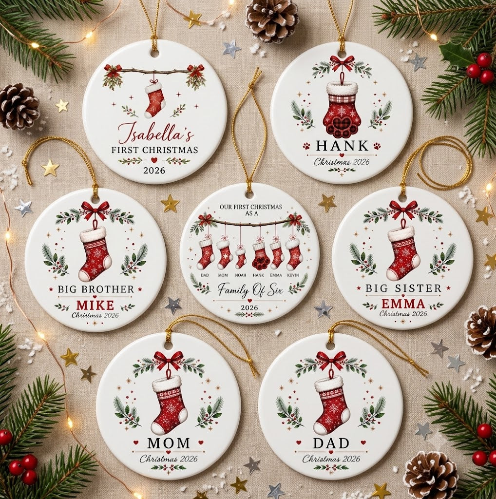 Stocking Names for 3 to 6 Members Including Pets - Our First Christmas 2026 Keepsake Gift