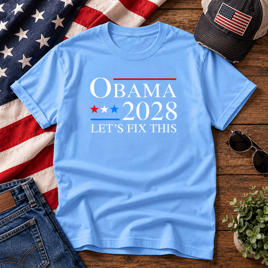Light blue Obama 2028 Let's Fix This political humor T-shirt with red white and blue graphic design