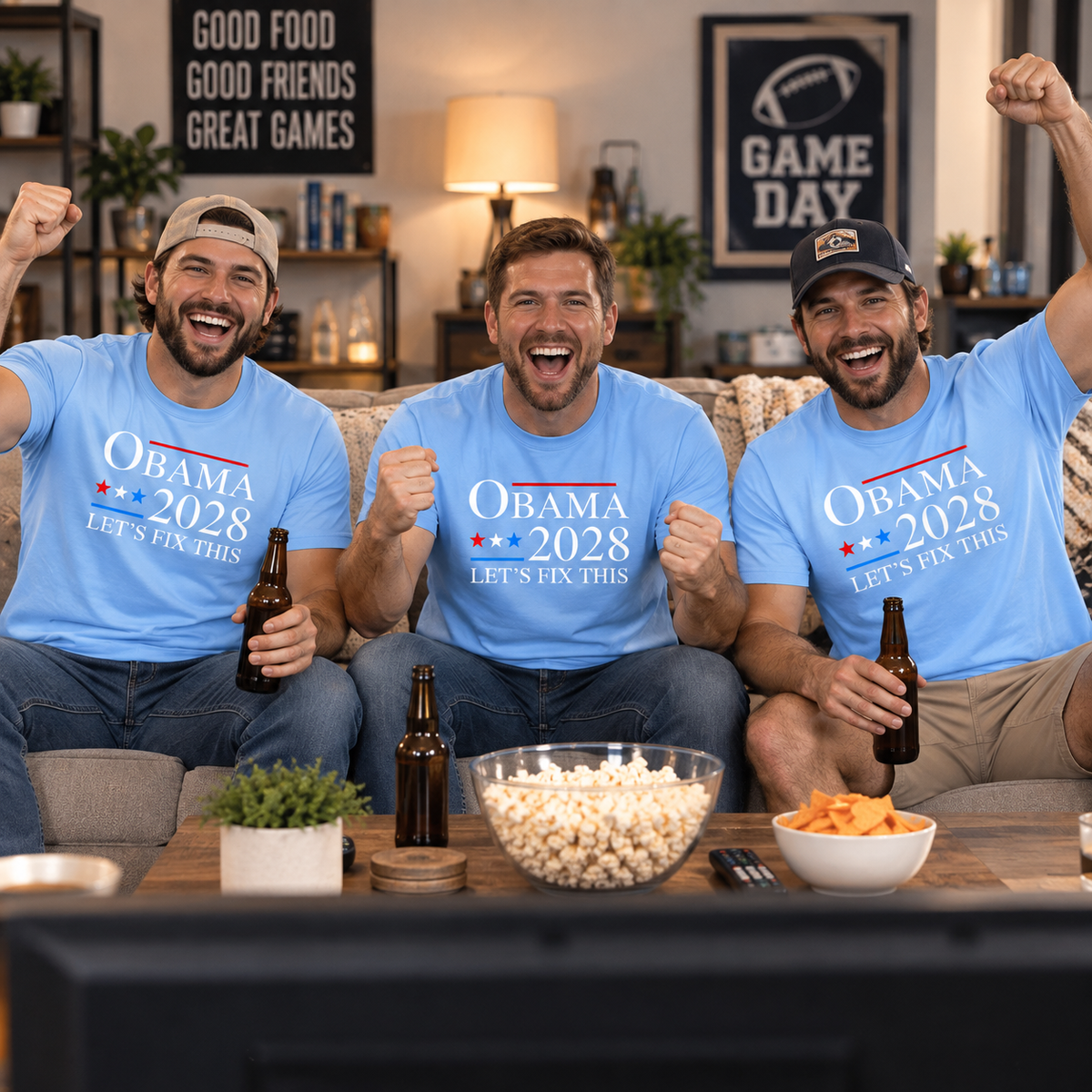 Light blue Obama 2028 Let's Fix This political humor T-shirt with red white and blue graphic design