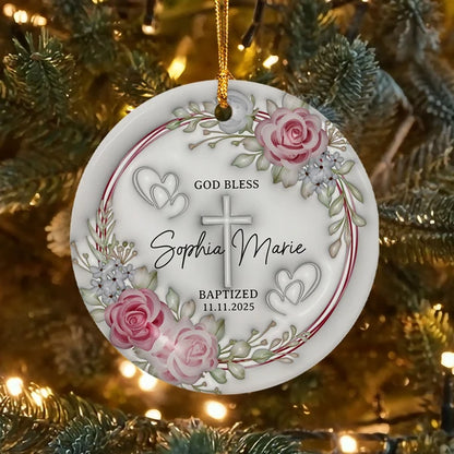 Set Of 1-8 Pcs Christian - Baptized Christmas Ceramic Circle/ Heart Ornament Custom Name - Date
