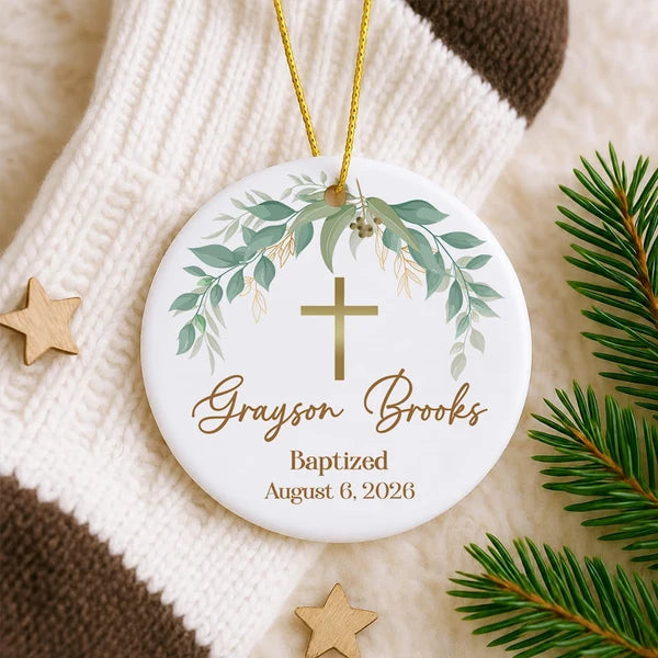 Set Of 1-8 Pcs Christian - Baptized Christmas Ceramic Circle/ Heart Ornament Custom Name - Date