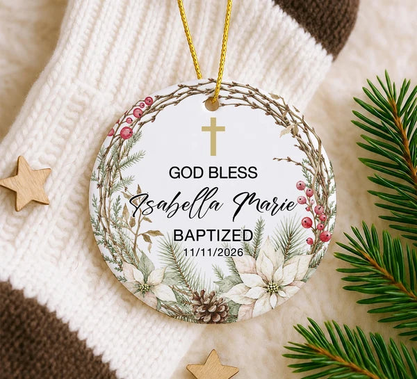 Set Of 1-8 Pcs Christian - Baptized Christmas Ceramic Circle/ Heart Ornament Custom Name - Date