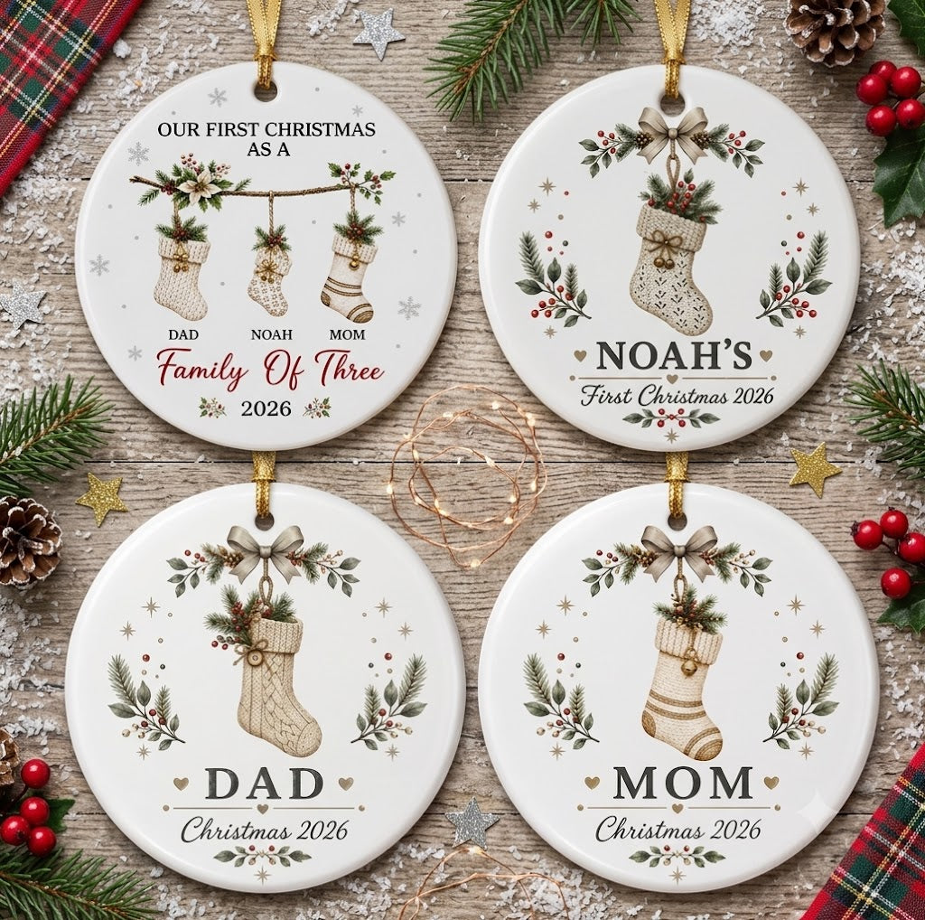 Socks Xmas Set for 3 to 6 Members Including Pets - Personalized Our First Christmas 2026 Keepsake Gift