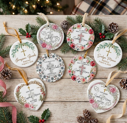 Set Of 1-8 Pcs Christian - Baptized Christmas Ceramic Circle/ Heart Ornament Custom Name - Date