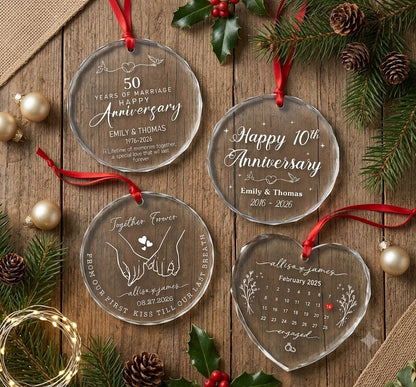 Set Of 1-8 Pcs Anniversary Christmas Glass Circle/ Heart Ornament Custom Name - Date
