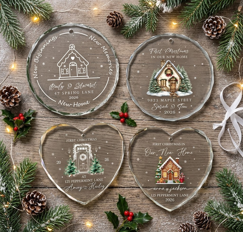 Set Of 1-8 Pcs New Home Christmas Glass Circle/ Heart Ornament Custom Name - Address