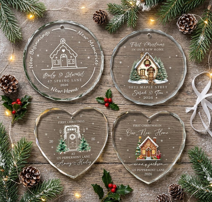 Set Of 1-8 Pcs New Home Christmas Glass Circle/ Heart Ornament Custom Name - Address