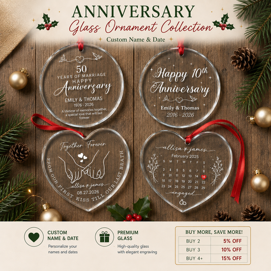 Set Of 1-8 Pcs Anniversary Christmas Glass Circle/ Heart Ornament Custom Name - Date