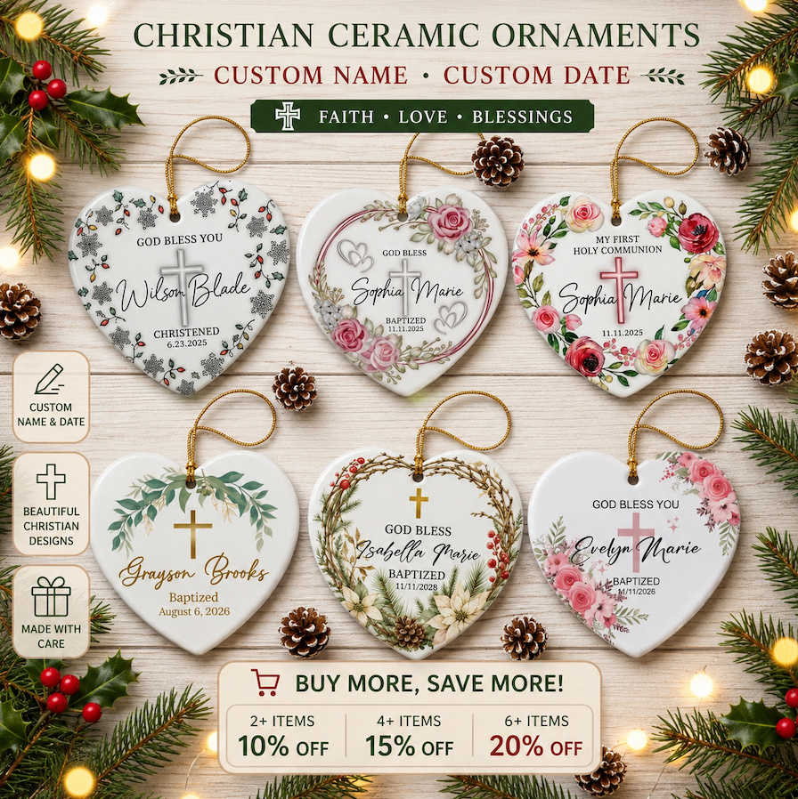 Set Of 1-8 Pcs Christian - Baptized Christmas Ceramic Circle/ Heart Ornament Custom Name - Date