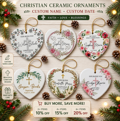 Set Of 1-8 Pcs Christian - Baptized Christmas Ceramic Circle/ Heart Ornament Custom Name - Date
