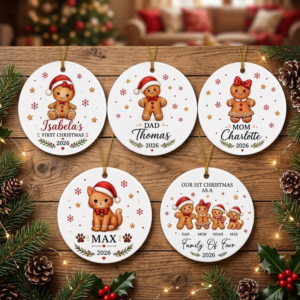 Gingerbread Set for 3 to 6 Members Including Pets - Our First Christmas 2026 Keepsake Gift