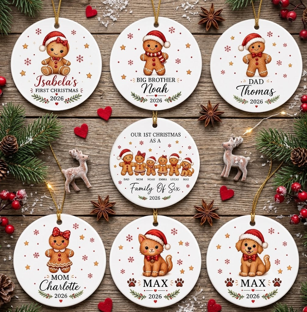 Gingerbread Set for 3 to 6 Members Including Pets - Our First Christmas 2026 Keepsake Gift
