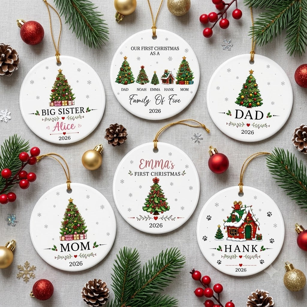 Set Of 3 to 6 Family Members Including Pets - Our First Christmas 2026 Keepsake Gift