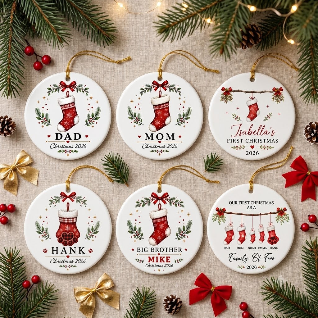 Stocking Names for 3 to 6 Members Including Pets - Our First Christmas 2026 Keepsake Gift