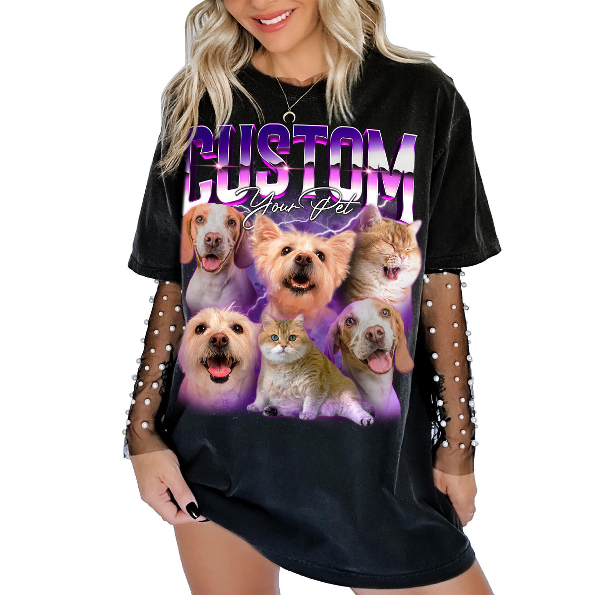 Personalized retro purple Bootleg Design pet photo collage with six custom dog and cat portraits, bold chrome "CUSTOM" lettering, script "Your Pet," and sparkling vintage-inspired effects.