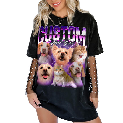 Personalized retro purple Bootleg Design pet photo collage with six custom dog and cat portraits, bold chrome "CUSTOM" lettering, script "Your Pet," and sparkling vintage-inspired effects.