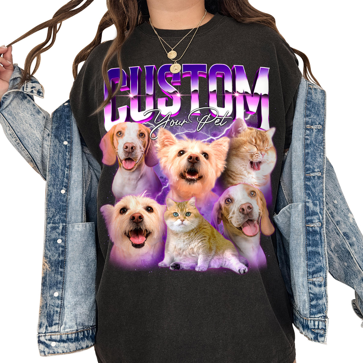 Personalized retro purple Bootleg Design pet photo collage with six custom dog and cat portraits, bold chrome "CUSTOM" lettering, script "Your Pet," and sparkling vintage-inspired effects.