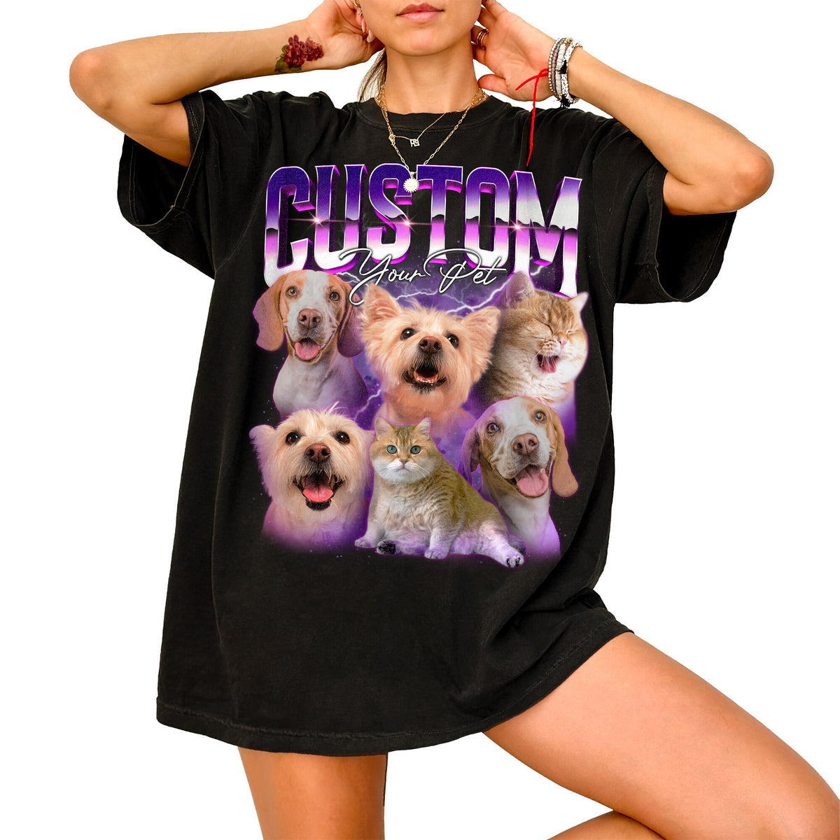 Personalized retro purple Bootleg Design pet photo collage with six custom dog and cat portraits, bold chrome "CUSTOM" lettering, script "Your Pet," and sparkling vintage-inspired effects.