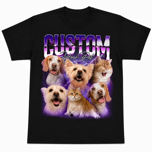 Personalized retro purple Bootleg Design pet photo collage with six custom dog and cat portraits, bold chrome "CUSTOM" lettering, script "Your Pet," and sparkling vintage-inspired effects.