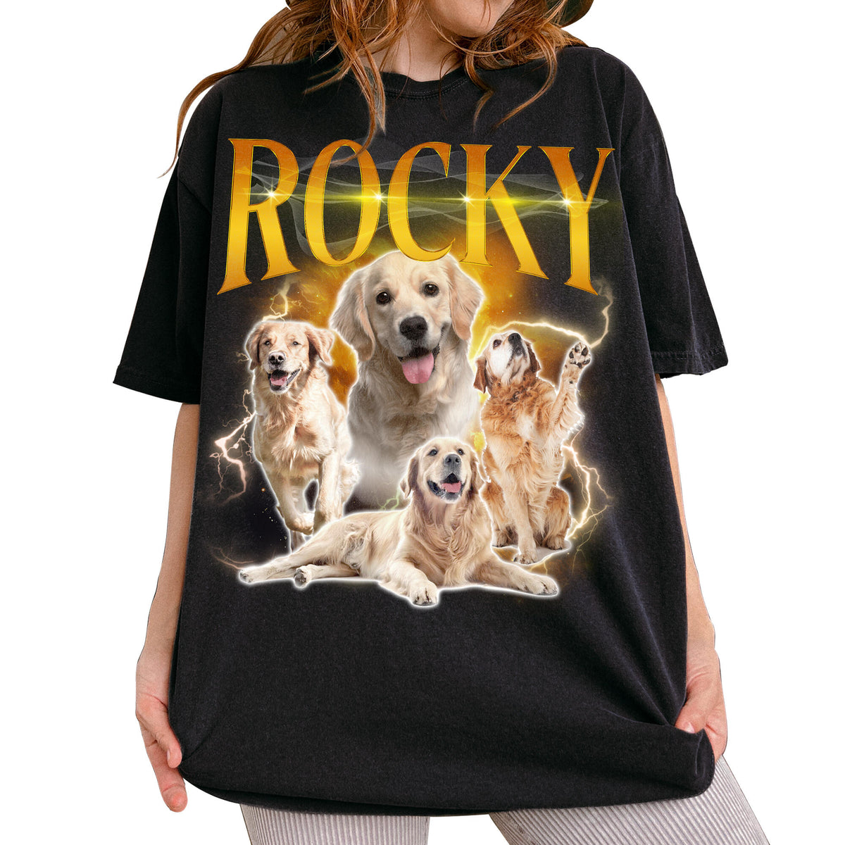 Personalized Dog Cat photo collage with four custom dog portraits, the custom name "ROCKY" in large golden vintage lettering, and a glowing lightning background.