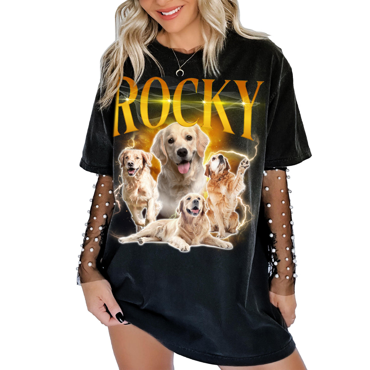 Personalized Dog Cat photo collage with four custom dog portraits, the custom name "ROCKY" in large golden vintage lettering, and a glowing lightning background.