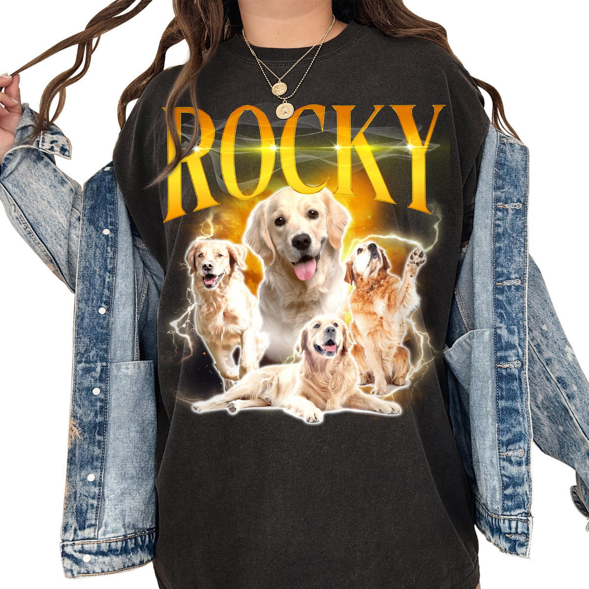 Personalized Dog Cat photo collage with four custom dog portraits, the custom name "ROCKY" in large golden vintage lettering, and a glowing lightning background.