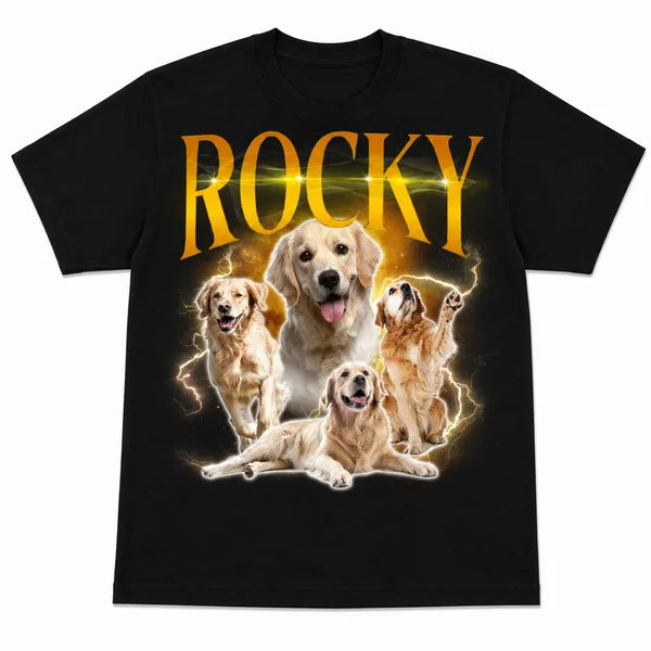 Personalized Dog Cat photo collage with four custom dog portraits, the custom name "ROCKY" in large golden vintage lettering, and a glowing lightning background.