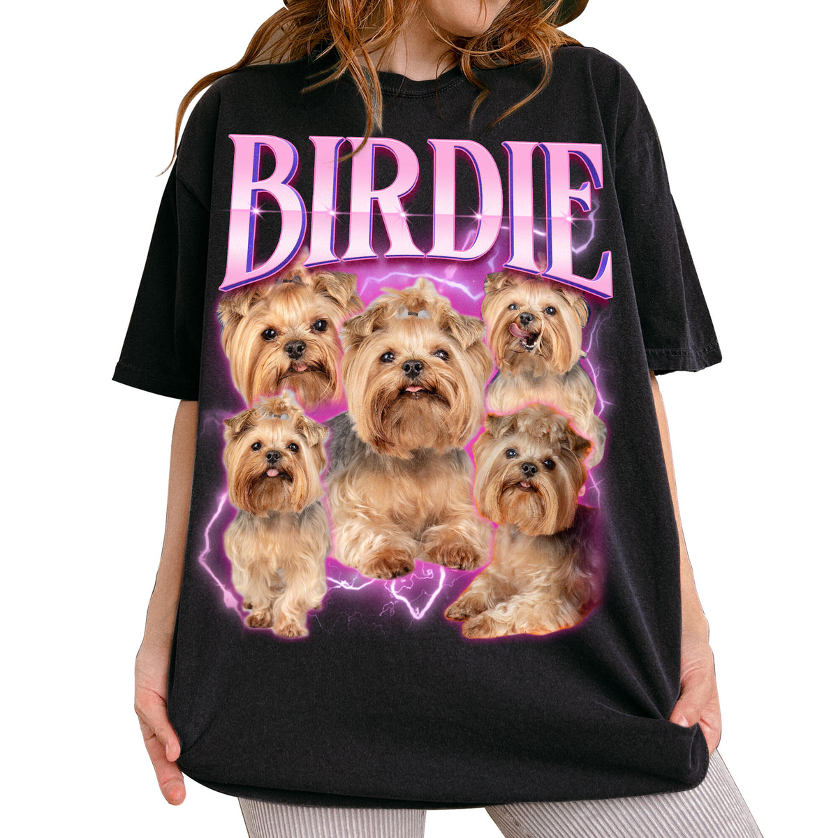 Personalized Dog Cat portraits with the custom name "BIRDIE" in large vintage purple lettering and a glowing purple lightning background.