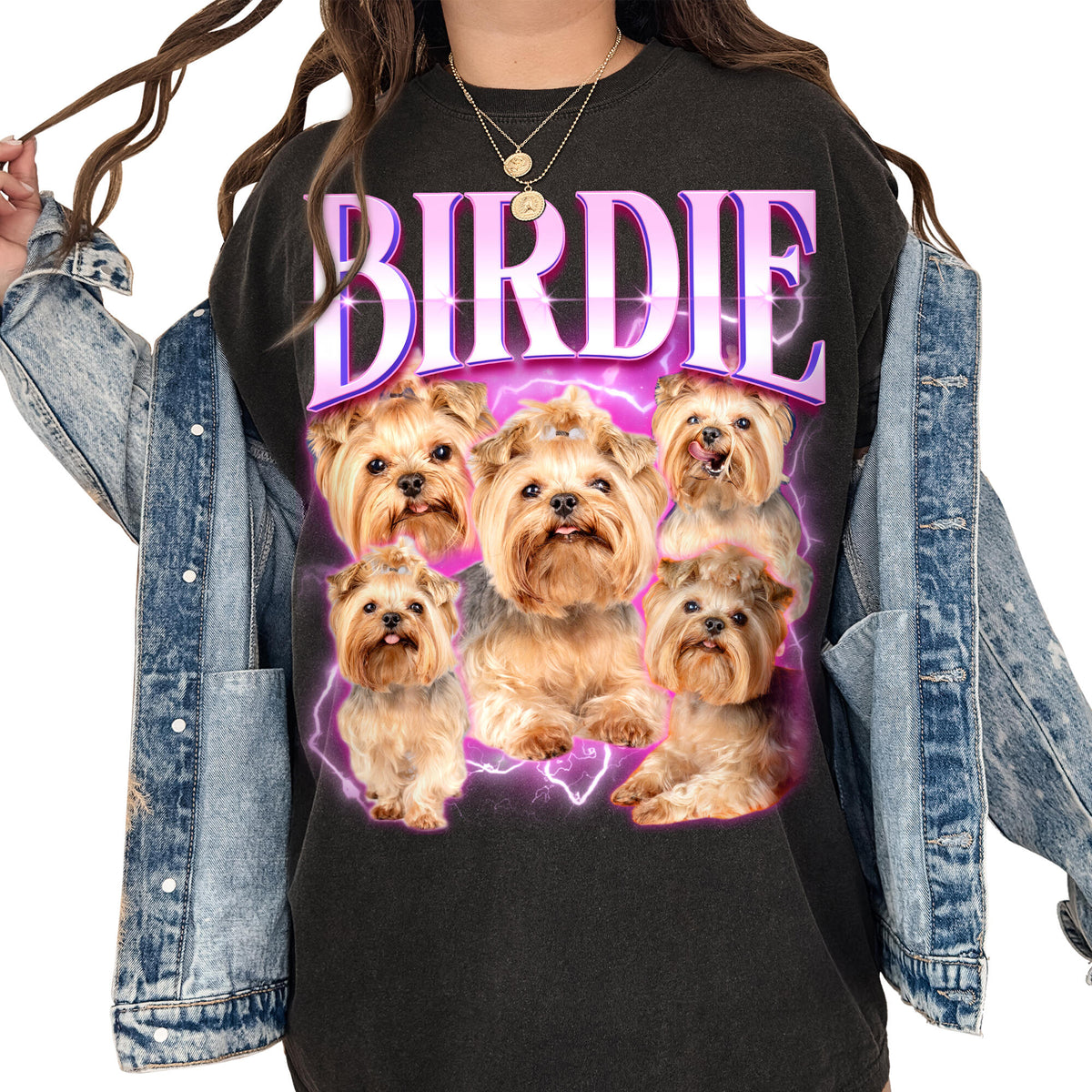 Personalized Dog Cat portraits with the custom name "BIRDIE" in large vintage purple lettering and a glowing purple lightning background.