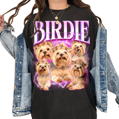 Personalized Dog Cat portraits with the custom name "BIRDIE" in large vintage purple lettering and a glowing purple lightning background.