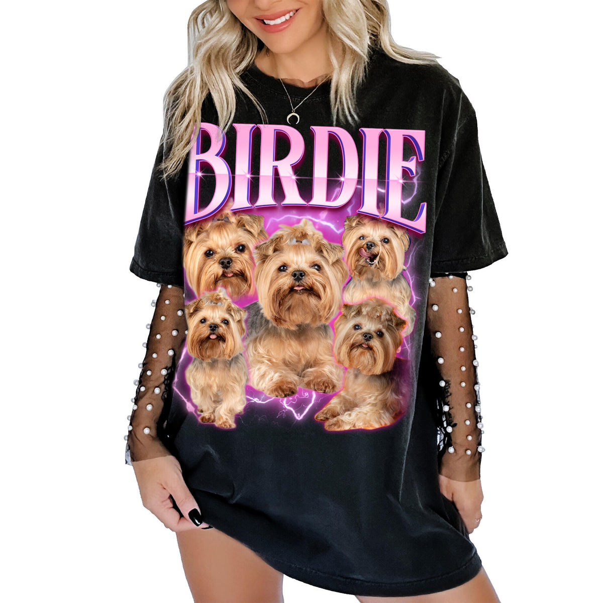 Personalized Dog Cat portraits with the custom name "BIRDIE" in large vintage purple lettering and a glowing purple lightning background.