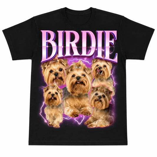 Personalized Dog Cat portraits with the custom name "BIRDIE" in large vintage purple lettering and a glowing purple lightning background.