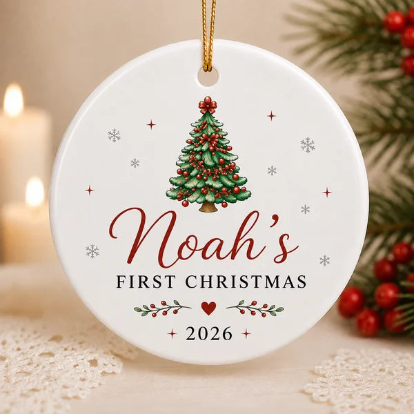 Our First Christmas As A Family Of Three | Set Of 4 Custom Name Ceramic Ornaments Family - Dad - Mom - Baby