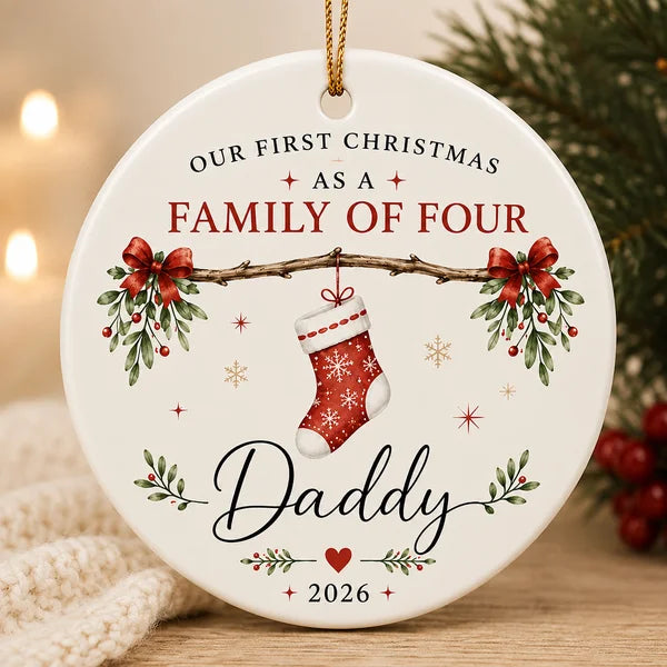 Our First Christmas As A Family Of Four | Set Of Custom Ceramic Ornaments Family - Dad - Mom - Brother/Sister-Baby