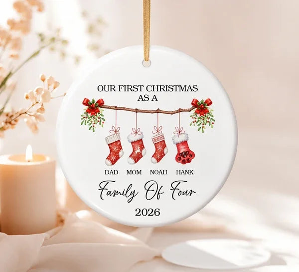 Our First Christmas As A Family Of Four | Set Of Custom Ceramic Ornaments Family - Dad - Mom - Brother/Sister-Baby
