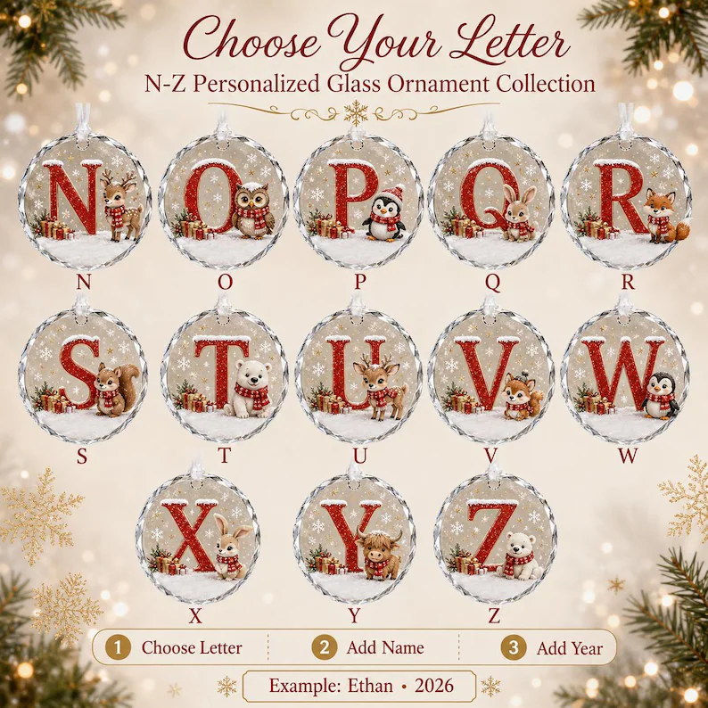 Personalized Glass Christmas Ornament, Custom Initial Name & Year, Woodland Animal Keepsake