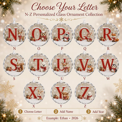 Personalized Glass Christmas Ornament, Custom Initial Name & Year, Woodland Animal Keepsake