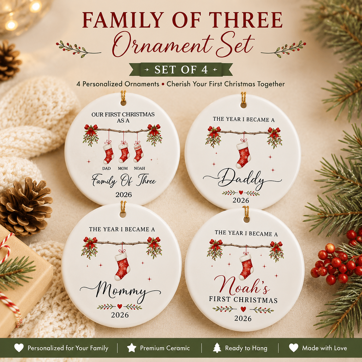 Stocking Names for 3 to 6 Members Including Pets - Our First Christmas 2026 Keepsake Gift